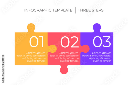 3 steps infographic template. Puzzle style timeline concept of three dependent components or parts of business project. 