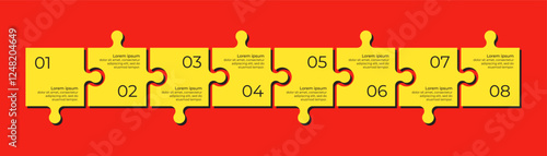 Horizontal chart with 8 connected jigsaw puzzle pieces. Yellow and red trendy infographic design template.