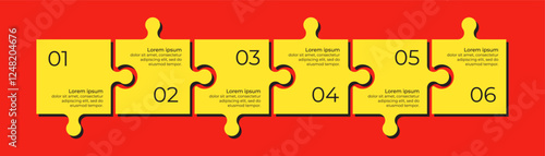 Horizontal chart with 6 connected jigsaw puzzle pieces. Yellow and red trendy infographic design template.