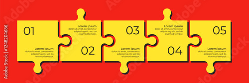Horizontal chart with 5 connected jigsaw puzzle pieces. Yellow and red trendy infographic design template.