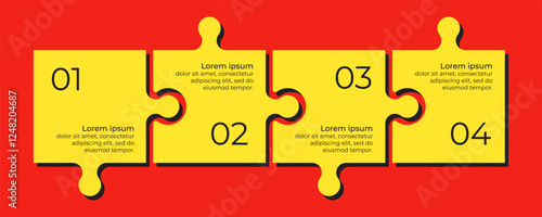 Horizontal chart with 4 connected jigsaw puzzle pieces. Yellow and red trendy infographic design template.