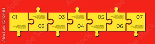Horizontal chart with 7 connected jigsaw puzzle pieces. Yellow and red trendy infographic design template.