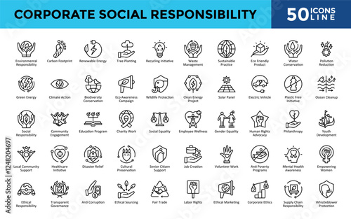 Corporate Social Responsibility icons set with environmental responsibility, carbon footprint, renewable energy, tree planting, recycling initiative, waste management icon. Simple line vector 
