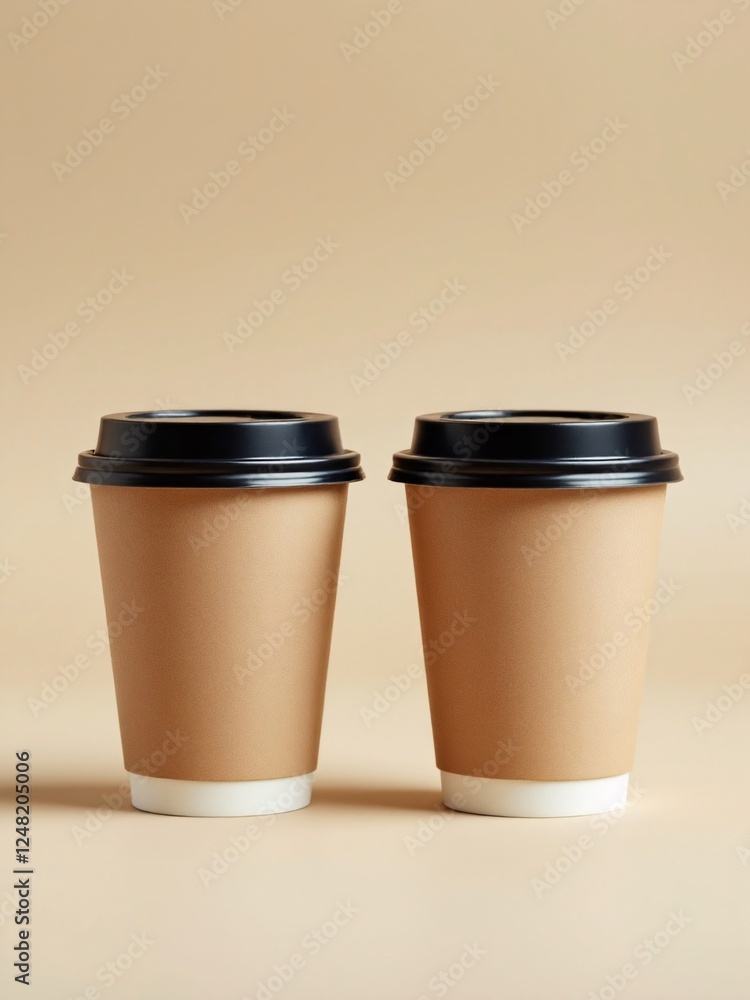 Two paper coffee cups with brown kraft sleeves and black lids, set against a neutral beige background. Two paper coffee cups with brown kraft sleeves and black lids, set against a neutral beige background.
