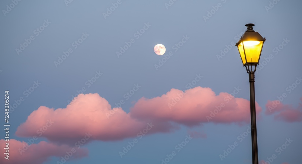 Evening sky with pink clouds, full moon, and vintage street lamp Evening sky with pink clouds, full moon, and vintage street lamp