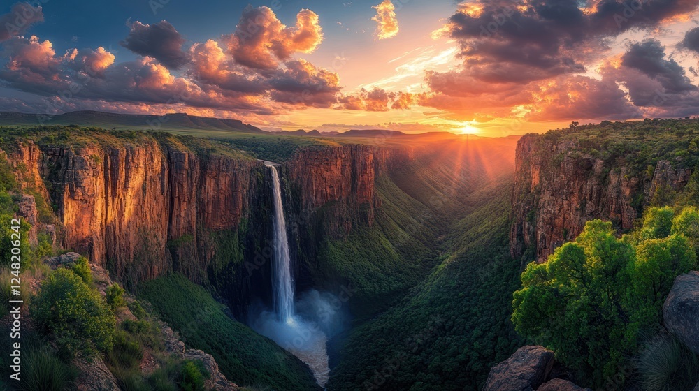 Fototapeta premium Sunset over canyon waterfall, dramatic landscape