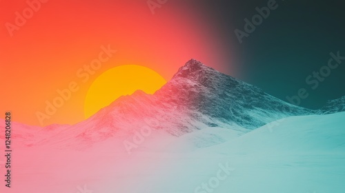 A striking mountain landscape is divided into two distinct halves by color One half glows with the setting sun while the other half remains blue