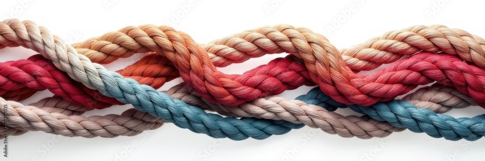 Several intertwined ship ropes, various thicknesses, on white, nautical supplies, ship, rigging Several intertwined ship ropes, various thicknesses, on white, nautical supplies, ship, rigging