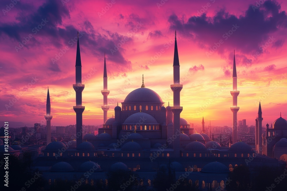 Obraz premium Majestic silhouette of a historic mosque against a vibrant sunset over the city skyline