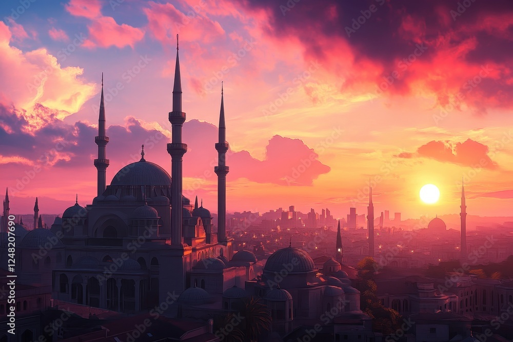 Obraz premium Majestic skyline of a vibrant city at sunset with intricate minarets silhouetted against colorful clouds