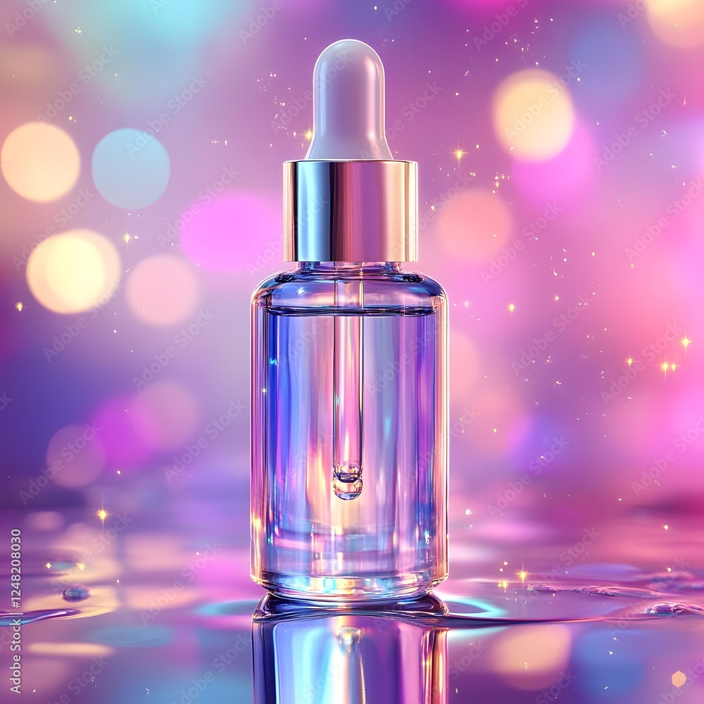 Mesmerizing Iridescent Floating Cosmetic Serum Bottle in Dreamlike Soft-Focus Lighting Mesmerizing Iridescent Floating Cosmetic Serum Bottle in Dreamlike Soft-Focus Lighting
