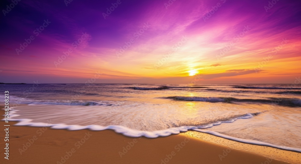 Vibrant sunset over tranquil ocean waves with golden sand beach Vibrant sunset over tranquil ocean waves with golden sand beach