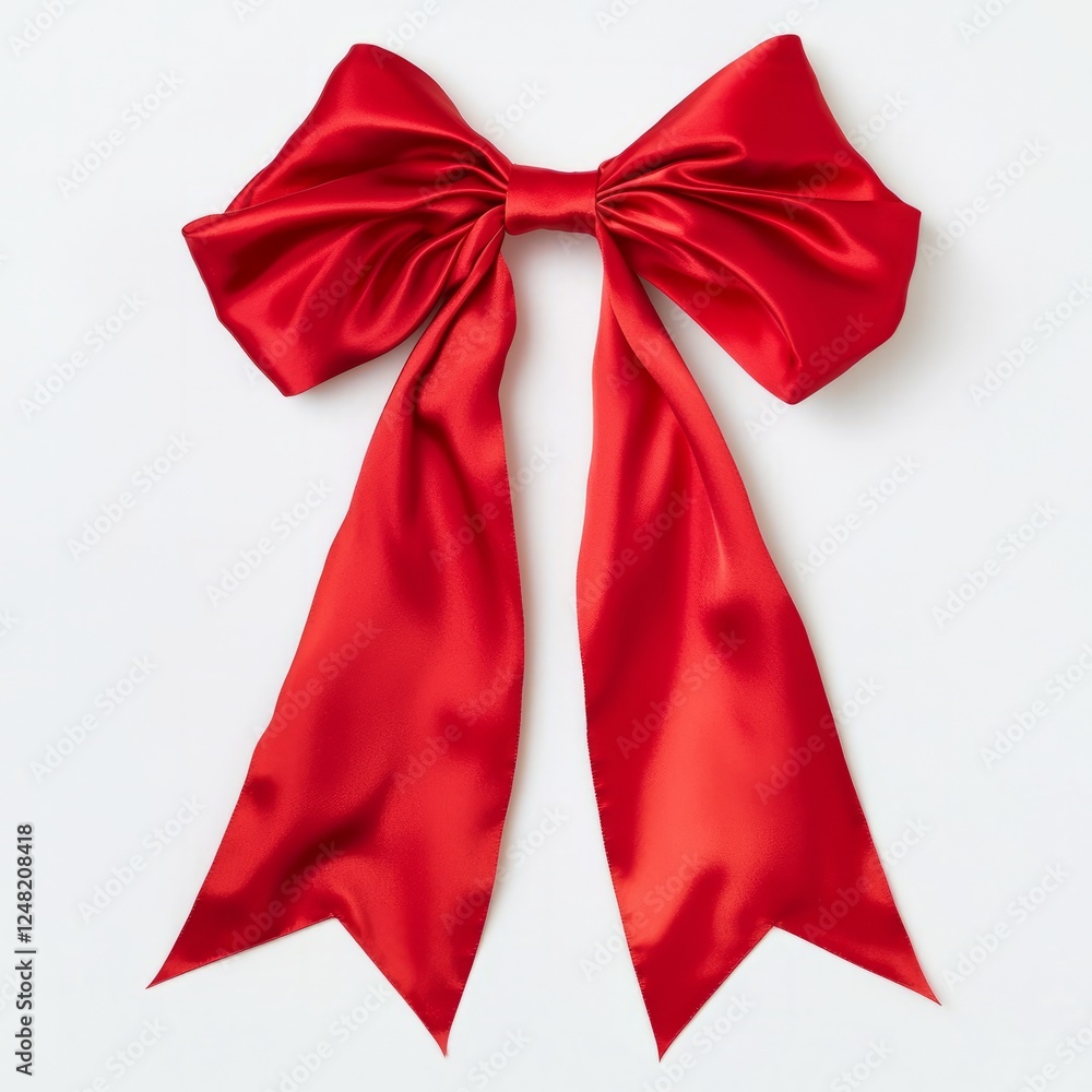 A red silk ribbon bow with long trailing ends, on isolated white background A red silk ribbon bow with long trailing ends, on isolated white background