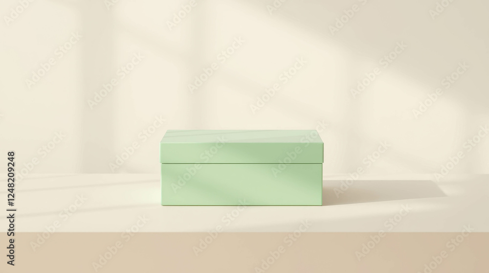 A light green box placed on a light beige table. The elegant composition and neutral tones create an atmosphere of tranquility and modernity. A light green box placed on a light beige table. The elegant composition and neutral tones create an atmosphere of tranquility and modernity.