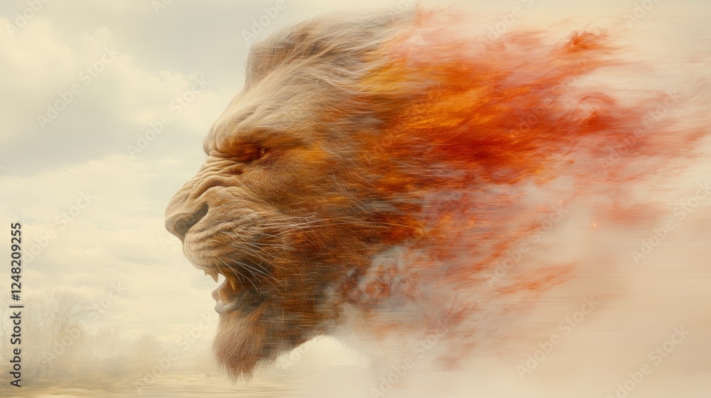An artistic rendering of a lion in profile with its mane blending into wisps of cloud-like forms colored with orange and red hues An artistic rendering of a lion in profile with its mane blending into wisps of cloud-like forms colored with orange and red hues
