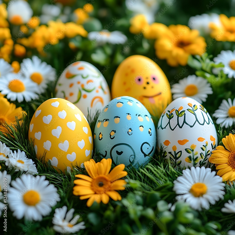 This image showcases a delightful Easter tableau featuring an array of decorative eggs, each uniquely painted with intricate patterns and soft pastel hues, arranged artfully on a spotless white This image showcases a delightful Easter tableau featuring an array of decorative eggs, each uniquely painted with intricate patterns and soft pastel hues, arranged artfully on a spotless white