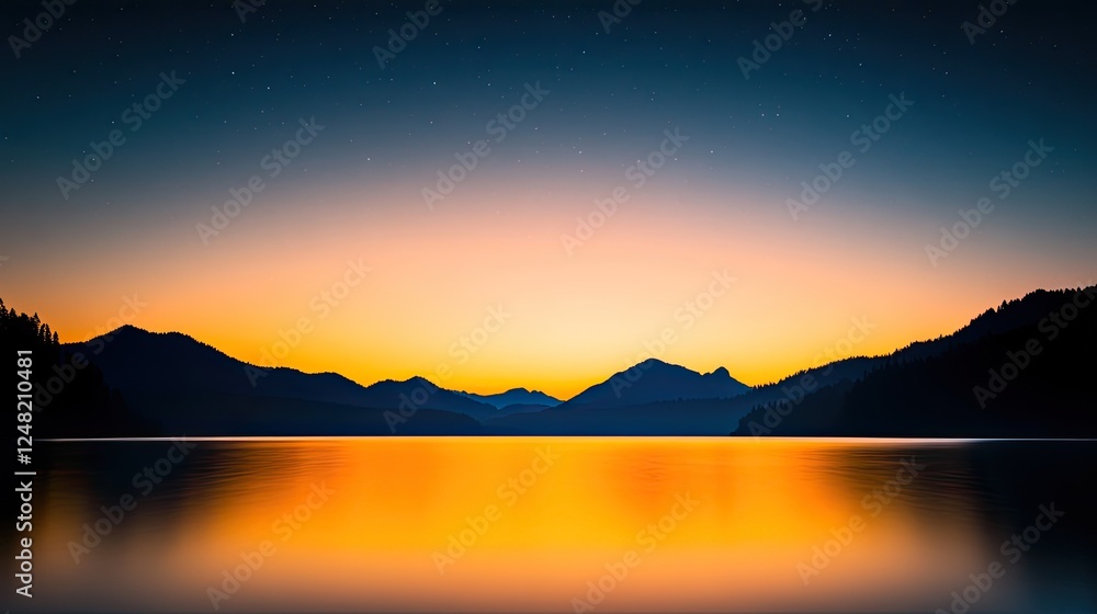 Fototapeta premium Serene sunset over a tranquil lake surrounded by mountains under a starry sky