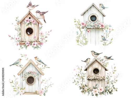 Set of four pastel-colored wooden birdhouses adorned with blooming flowers and birds, hand-painted in watercolor style