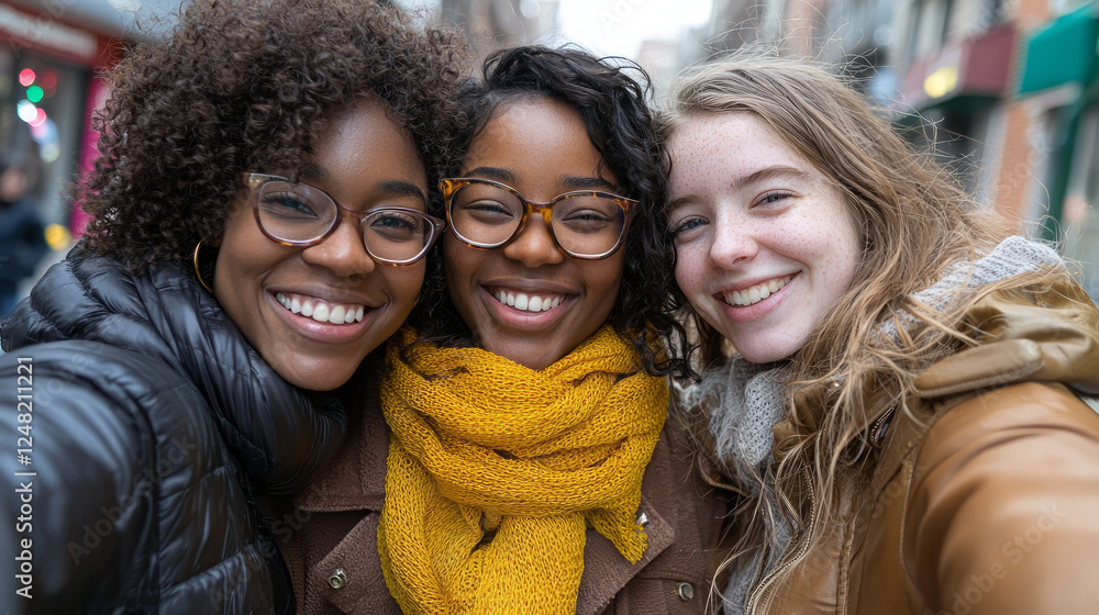 A selfie of three women smiling, generative AI A selfie of three women smiling, generative AI