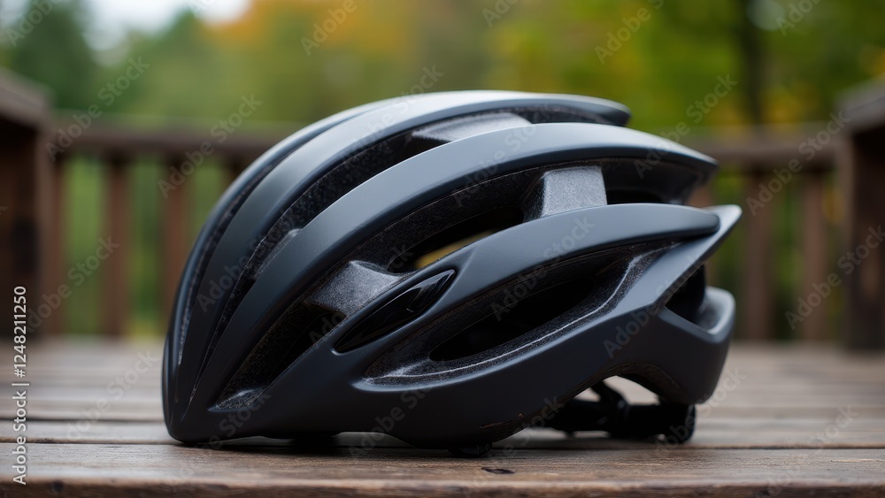 Fototapeta premium A sleek, modern bike helmet mockup with an aerodynamic design, placed on a wooden surface outdoors.