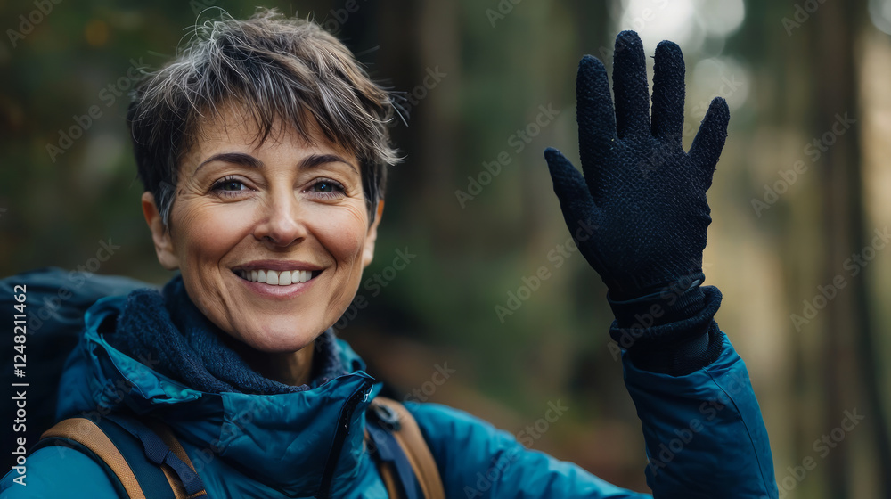 A middle-aged woman with short hair, smiling and waving her hand while hiking in the forest, generative AI A middle-aged woman with short hair, smiling and waving her hand while hiking in the forest, generative AI