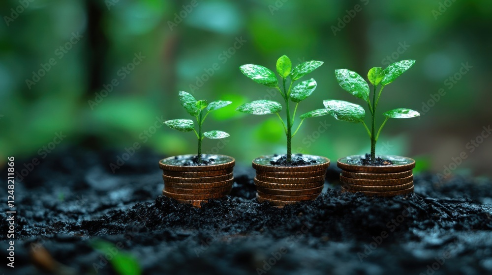 Growth, Investment, and Nature's Harmony: Saplings Flourishing on Stacks of Coins Growth, Investment, and Nature's Harmony: Saplings Flourishing on Stacks of Coins