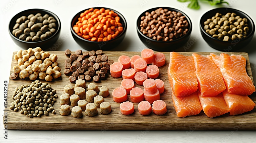 Assorted pet food varieties arranged on a wooden board with bowls of treats Assorted pet food varieties arranged on a wooden board with bowls of treats