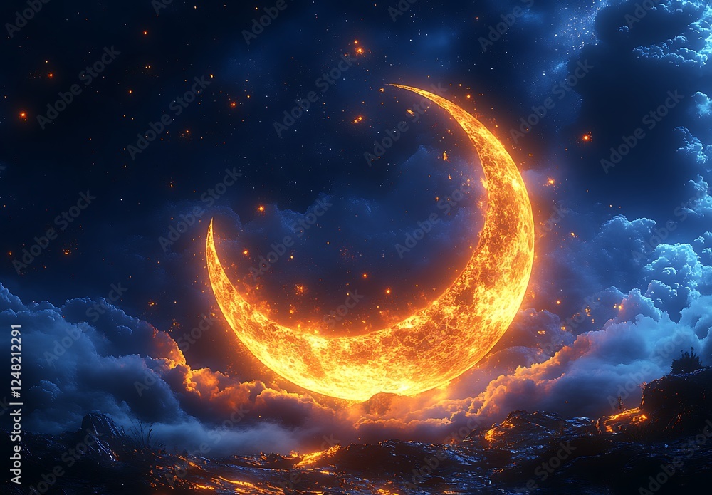 Fototapeta premium Glowing Crescent Moon Made of Flames Illuminates Dark Cloudy Sky Creating Surreal and Mystical Atmosphere
