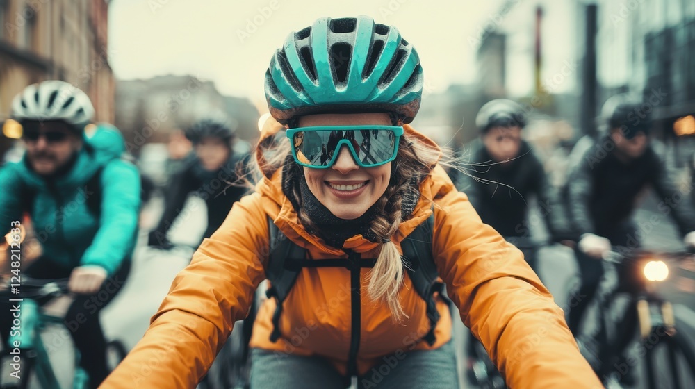 Joyful Female Cyclist in Orange Jacket Riding with Friends on Urban Street, Focus on Adventure and Friendship Joyful Female Cyclist in Orange Jacket Riding with Friends on Urban Street, Focus on Adventure and Friendship