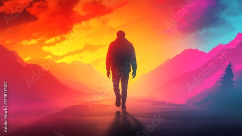 Silhouette of a person walking away into a colorful fantasy landscape The vibrant sky blends orange yellow pink and blue hues