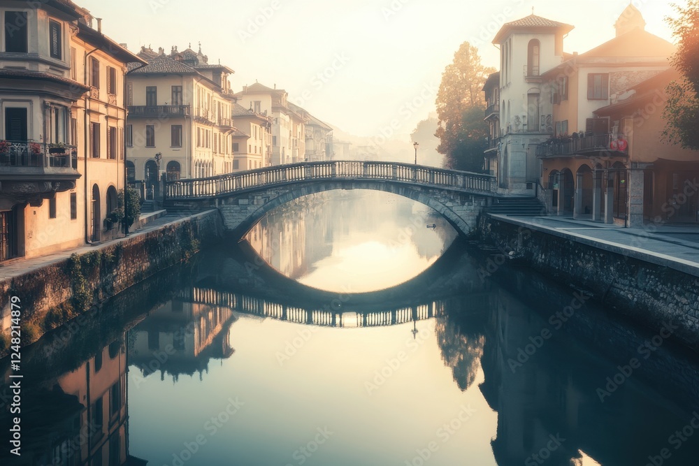 Morning mist envelops a serene canal with charming architecture and a graceful bridge in a quiet town Morning mist envelops a serene canal with charming architecture and a graceful bridge in a quiet town