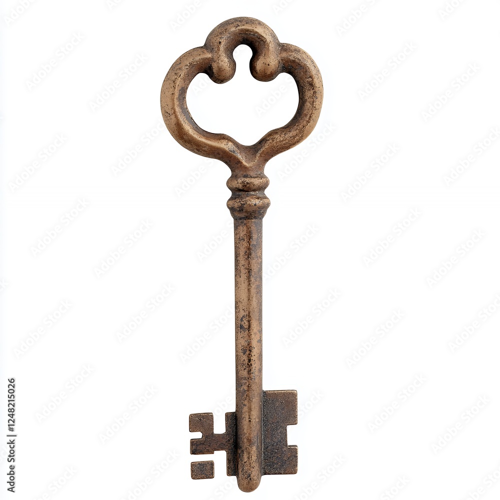 Antique Ornate Bronze Key With Heart Shaped Bow, Generative AI. Antique Ornate Bronze Key With Heart Shaped Bow, Generative AI.