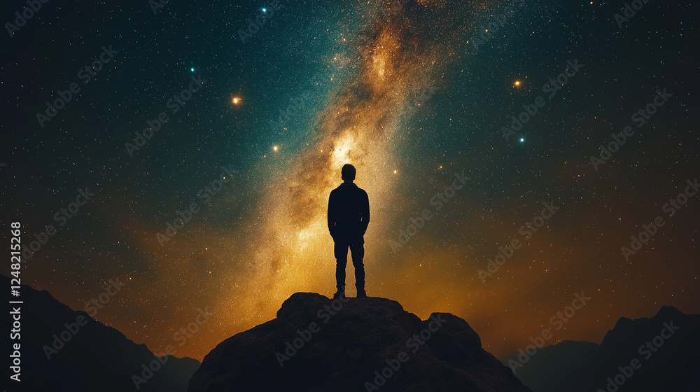 Fototapeta premium Space background. Silhouette man and mountain land with blue starry night sky, nebula. Success, travel, adventure