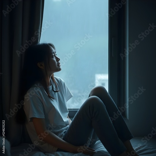 A woman is crying while looking out the window in her room. She is sitting with her knees wrapped around her. She is Asian and appears to be 25 years old. She has long brown hair. She is wearing a whi photo