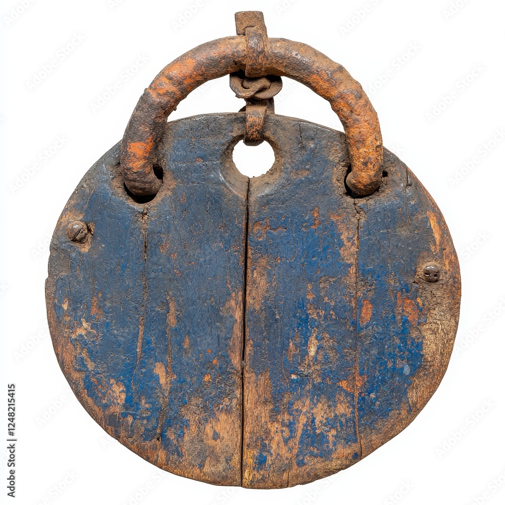 Antique Weathered Wooden Pulley With Metal Ring, Generative AI. Antique Weathered Wooden Pulley With Metal Ring, Generative AI.