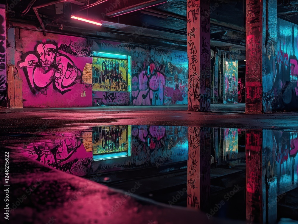 Obraz premium Graffiti-covered urban tunnel reflection, night