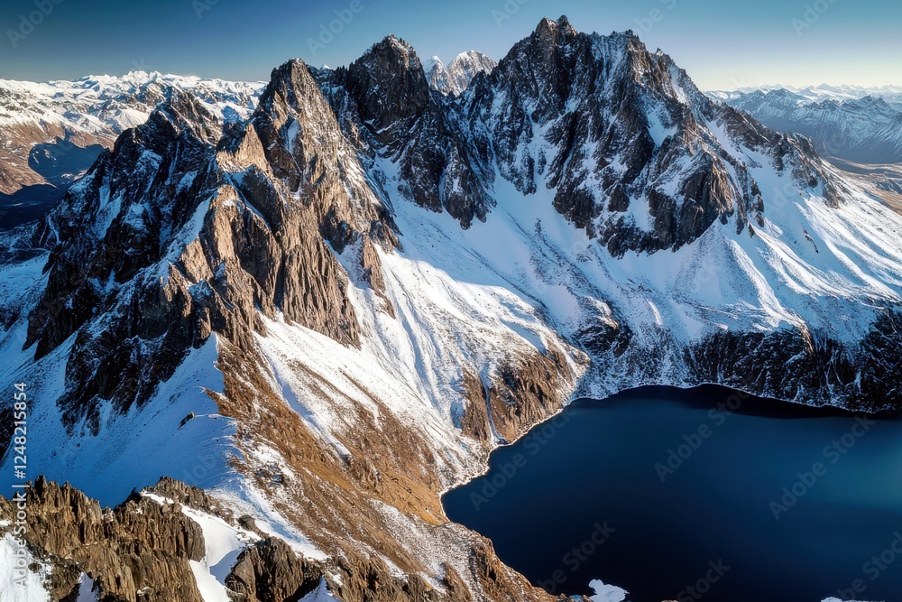 Obraz premium Majestic Snow-Covered Mountains Surrounding a Deep Blue Lake Under Clear Skies in a Stunning Alpine Landscape at Sunrise