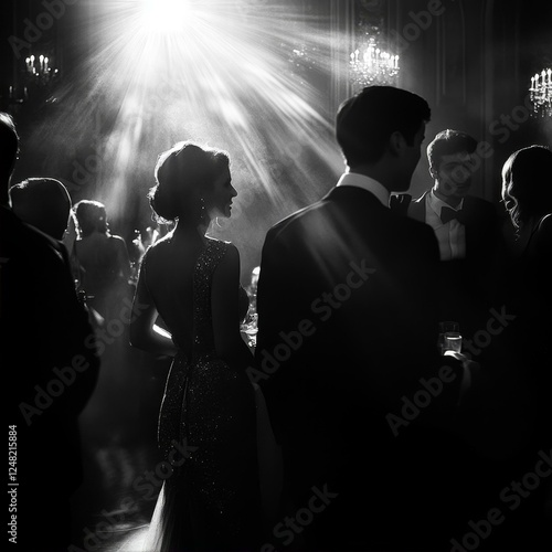 Elegant Evening Gathering with Attendees in Formal Wear Enjoying Event Under Shimmering Lights