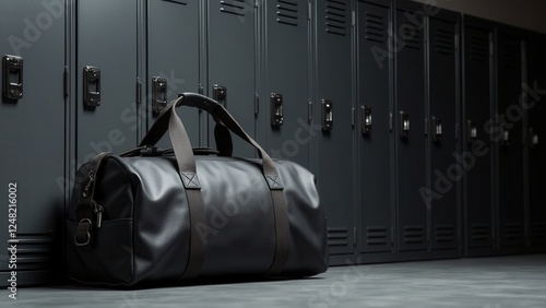 Black duffle bag mockup placed in front of a row of dark grey lockers in a locker room.