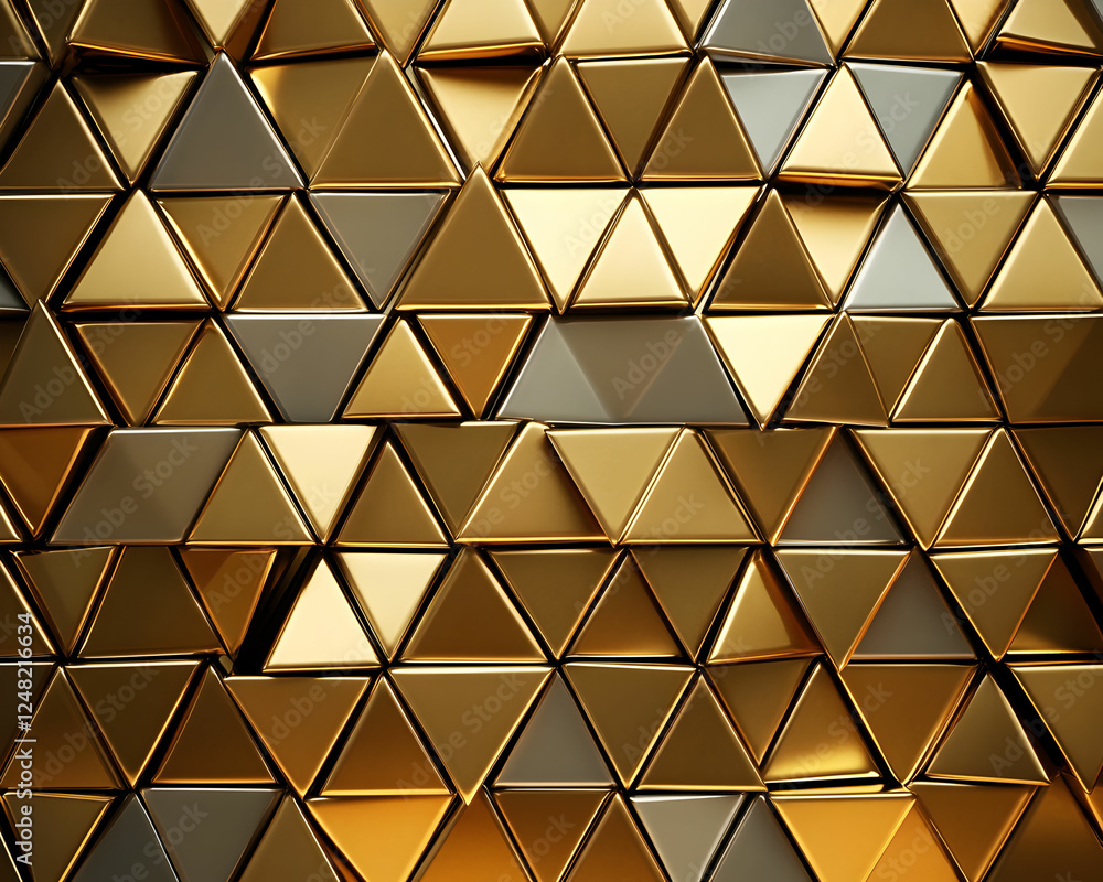 Glossy Tiles arranged to create a Luxurious wall. Gold, 3D Background formed from Triangular blocks Glossy Tiles arranged to create a Luxurious wall. Gold, 3D Background formed from Triangular blocks