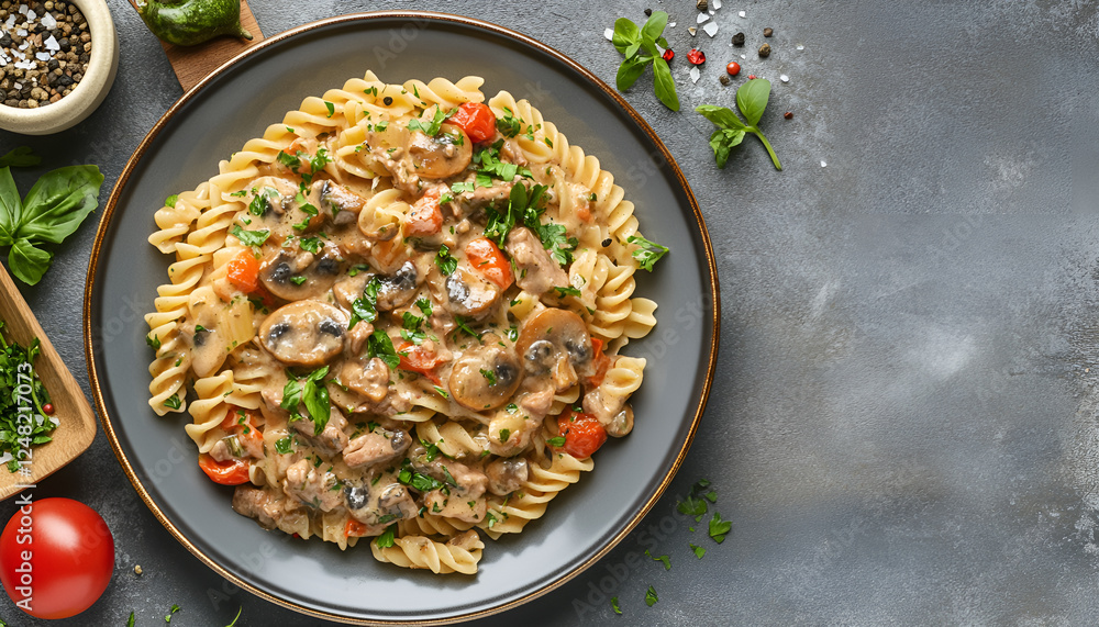 Homemade tasty beef stroganoff with mushrooms and pasta on plate Homemade tasty beef stroganoff with mushrooms and pasta on plate