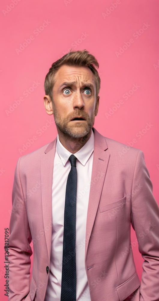 Portrait of a Frightened Man in Pink Suit Against a Solid Pink Background. Generative AI Portrait of a Frightened Man in Pink Suit Against a Solid Pink Background. Generative AI