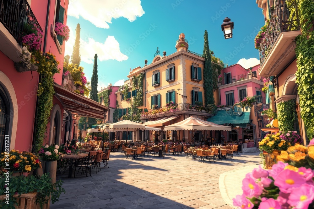 Fototapeta premium Charming European square adorned with colorful flowers and lively outdoor dining in a radiant sunset