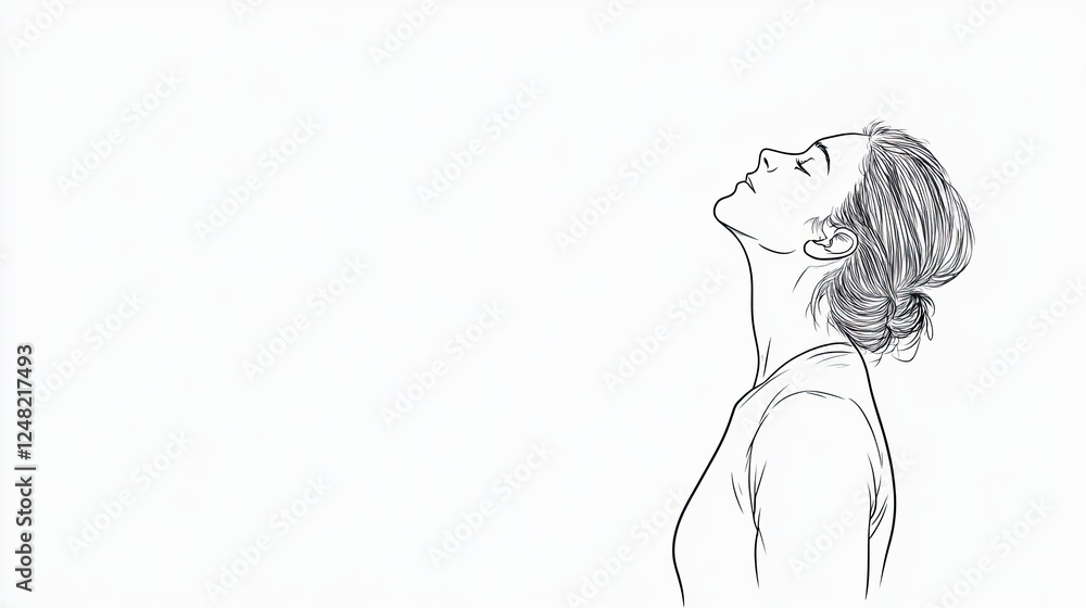 A serene woman in profile gazes upwards, embodying tranquility against a minimalist background A serene woman in profile gazes upwards, embodying tranquility against a minimalist background