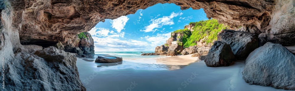 Fototapeta premium Serene Coastal Cave View with Turquoise Water and Rocky Landscape under a Bright Blue Sky and Scattered Clouds