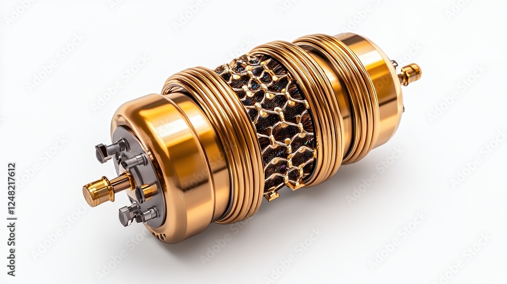 Intricate Golden Metallic Cylinder With Complex Internal Mechanisms, Generative AI.