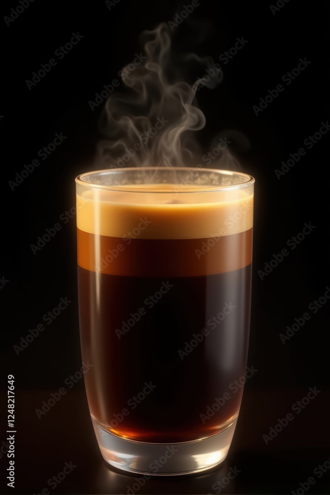 Steaming cup of coffee with layered crema in a clear glass against a dark background. Generative AI Steaming cup of coffee with layered crema in a clear glass against a dark background. Generative AI