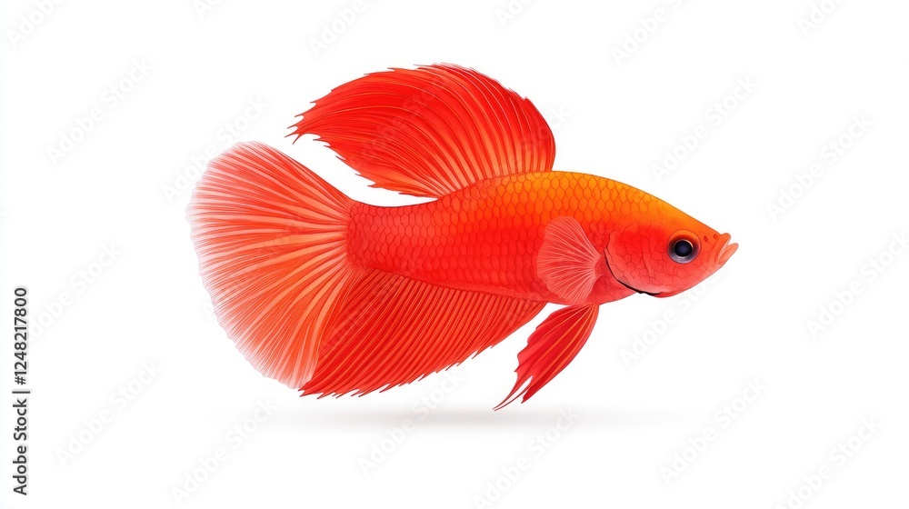Fototapeta premium Vibrant red betta fish swimming gracefully against a clean white background, showcasing its fins