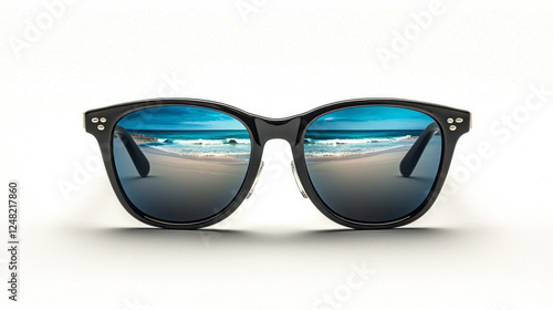 Stylish sunglasses showcase a vibrant reflection of a sunny beach and serene sea, emphasizing a relaxed coastal vibe. Perfect for travel and lifestyle themes photo