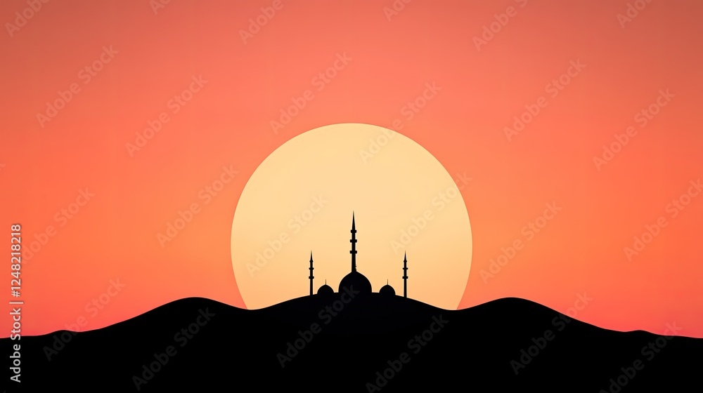 Obraz premium Silhouette of a Mosque Against a Vibrant Sunset with Hills in the Background
